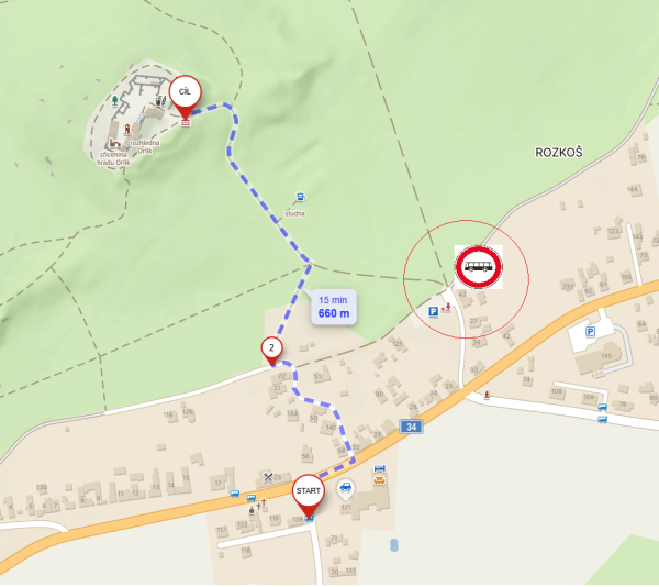 Mapa pro výstup skupin z autobusu a trasa na hrad Mapa pro výstup skupin z autobusu a trasa na hrad
